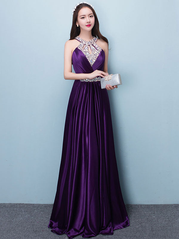 Stunning Evening Dresses Long Soft Pink Satin Evening Dress Halter Beading Pleated Floor Length Formal Party Dress-showprettydress