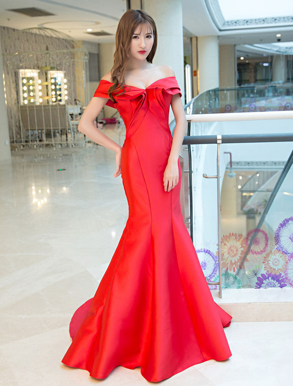 Stunning Evening Dresses Satin Royal Blue Evening Gown Off The Shoulder Mermaid Formal Dress With Train-showprettydress