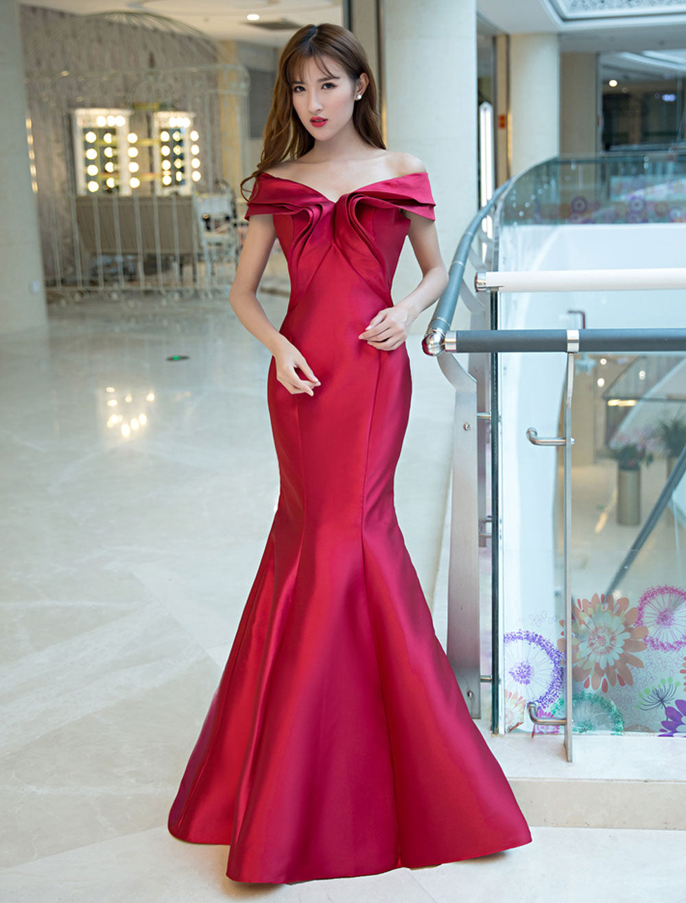 Stunning Evening Dresses Satin Royal Blue Evening Gown Off The Shoulder Mermaid Formal Dress With Train-showprettydress