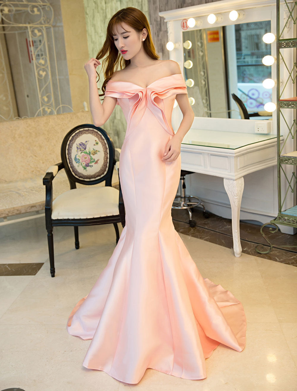 Stunning Evening Dresses Satin Royal Blue Evening Gown Off The Shoulder Mermaid Formal Dress With Train-showprettydress