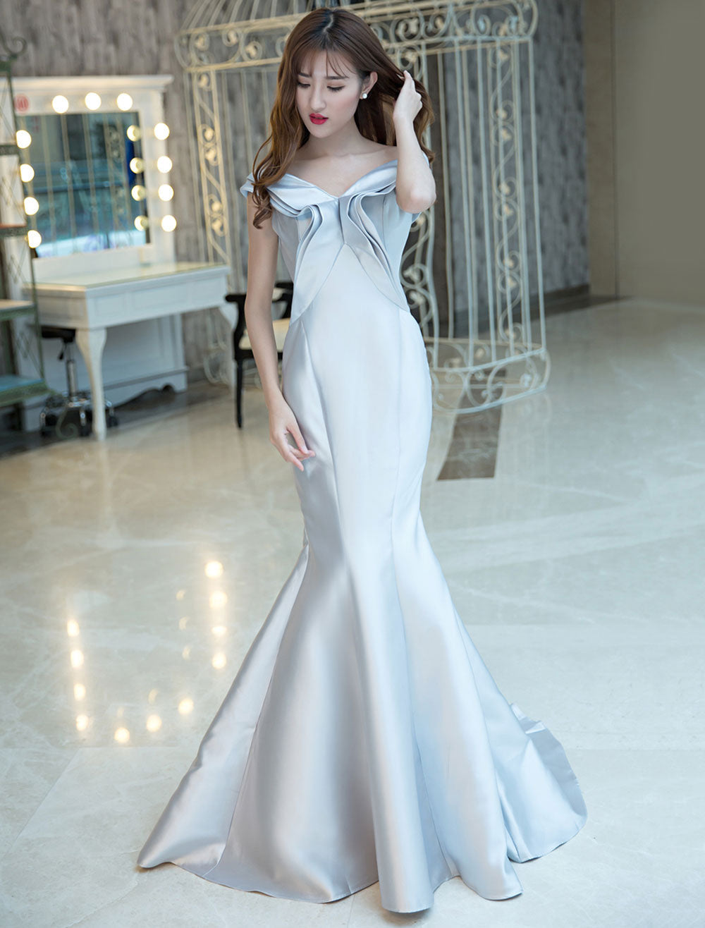 Stunning Evening Dresses Satin Royal Blue Evening Gown Off The Shoulder Mermaid Formal Dress With Train-showprettydress