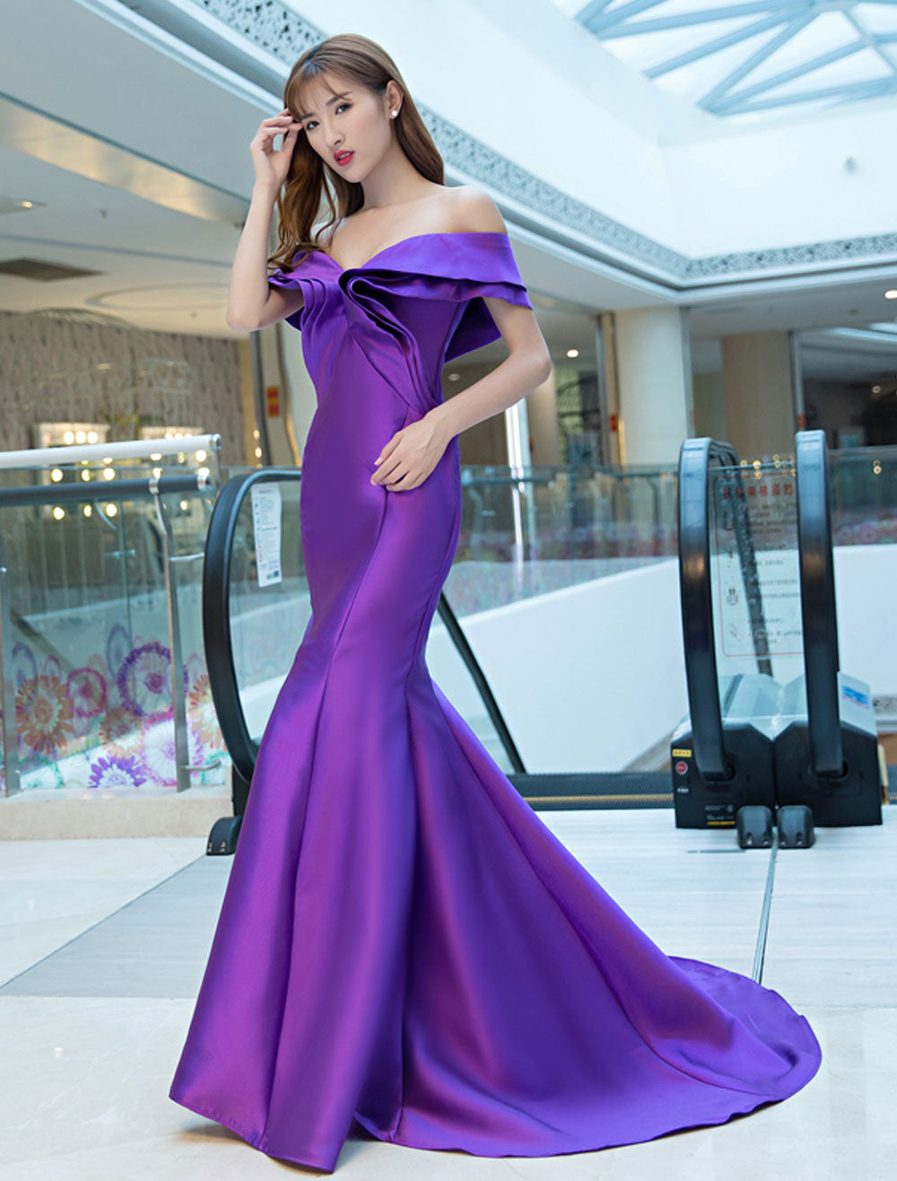 Stunning Evening Dresses Satin Royal Blue Evening Gown Off The Shoulder Mermaid Formal Dress With Train-showprettydress