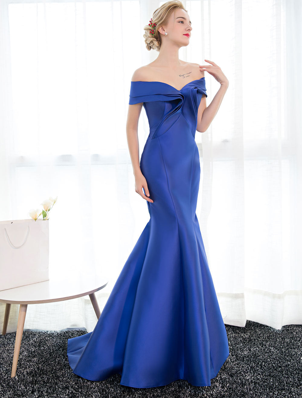 Stunning Evening Dresses Satin Royal Blue Evening Gown Off The Shoulder Mermaid Formal Dress With Train-showprettydress