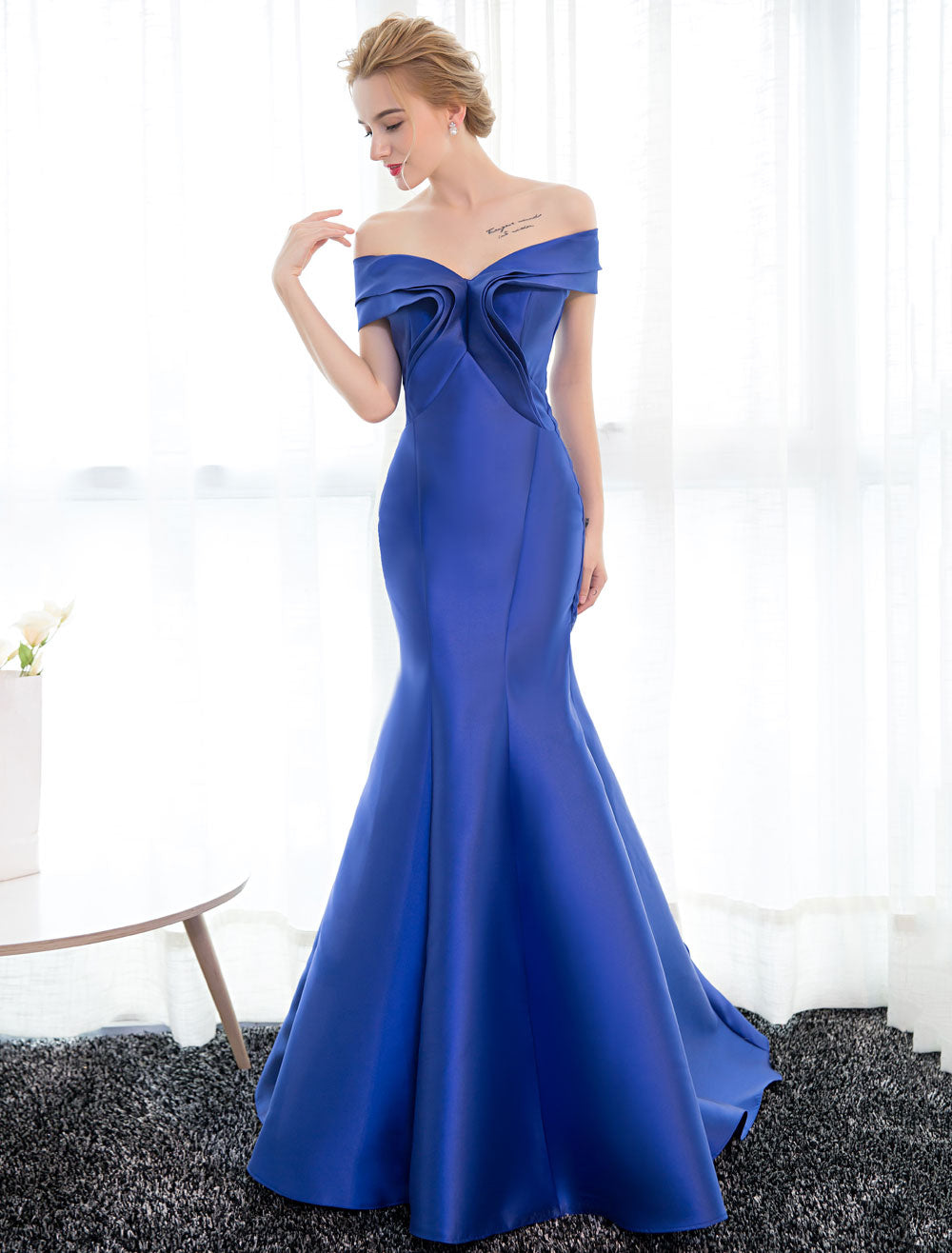Stunning Evening Dresses Satin Royal Blue Evening Gown Off The Shoulder Mermaid Formal Dress With Train-showprettydress