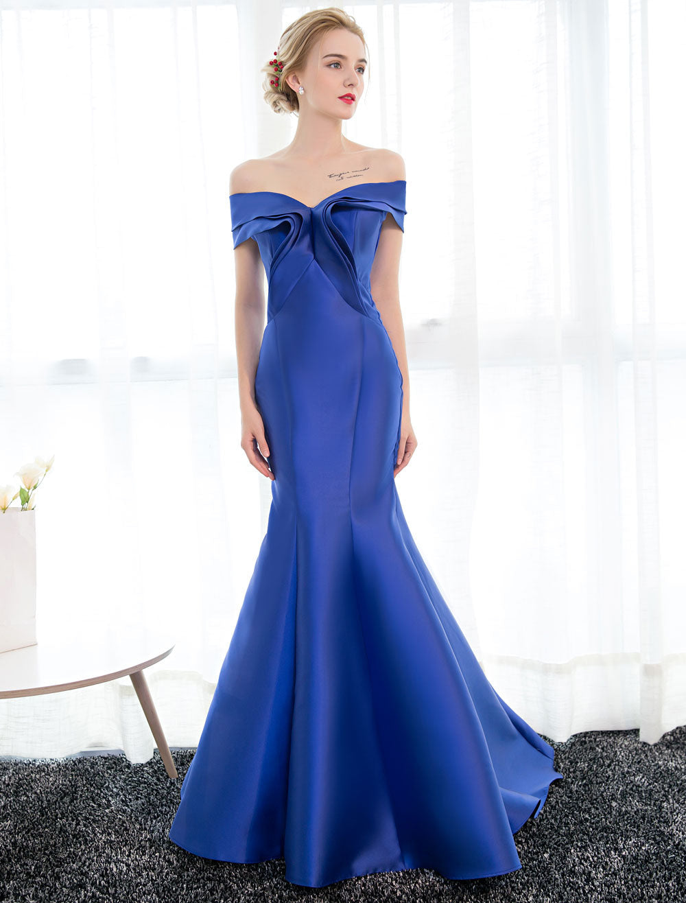 Stunning Evening Dresses Satin Royal Blue Evening Gown Off The Shoulder Mermaid Formal Dress With Train-showprettydress