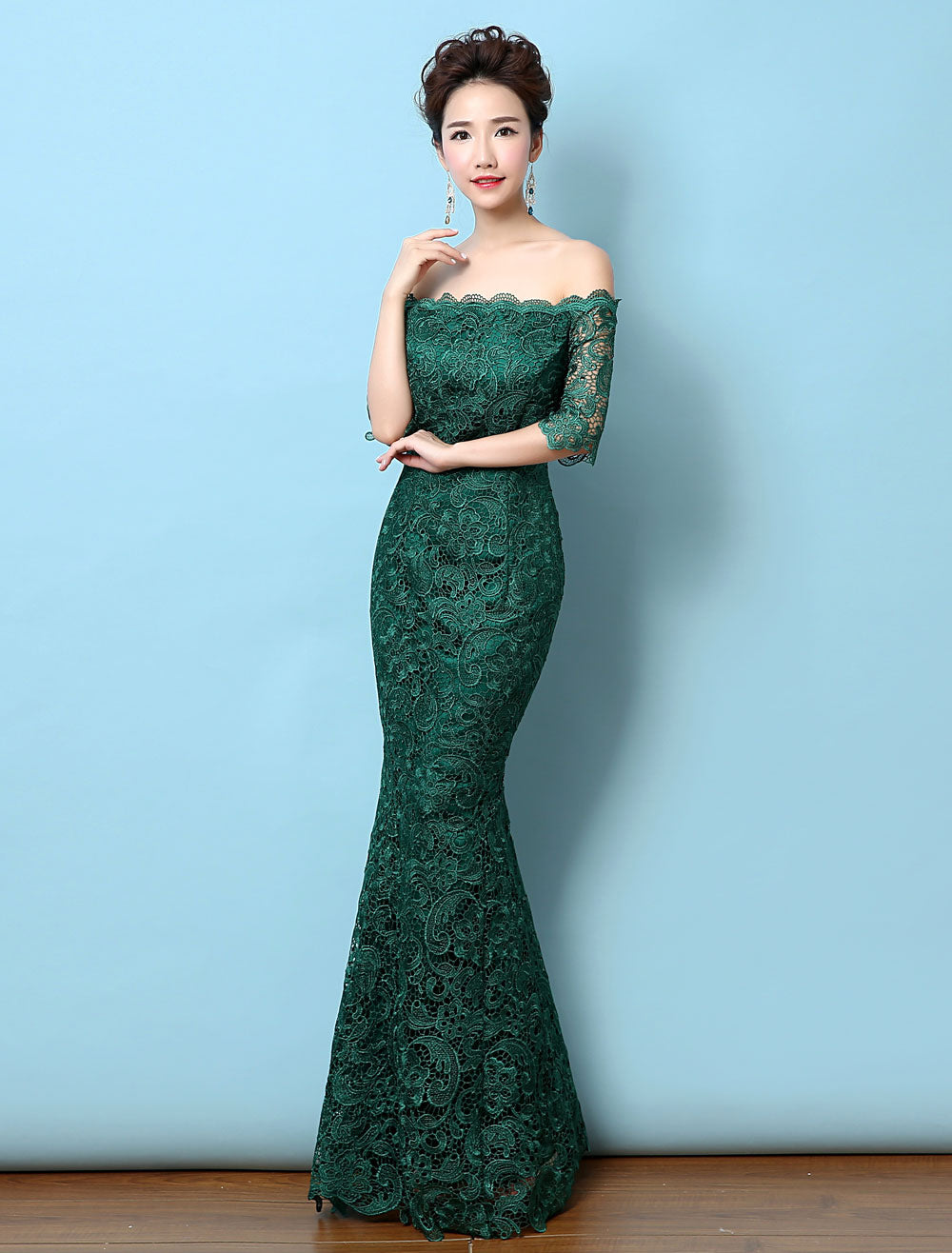 Stunning Lace Evening Dress Off The Shoulder Mermaid Party Dress Dark Green Half Sleeve Maxi Occasion Dress wedding guest dress-showprettydress