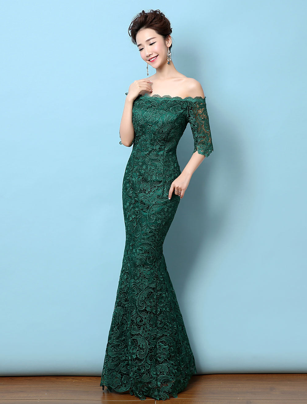 Stunning Lace Evening Dress Off The Shoulder Mermaid Party Dress Dark Green Half Sleeve Maxi Occasion Dress wedding guest dress-showprettydress