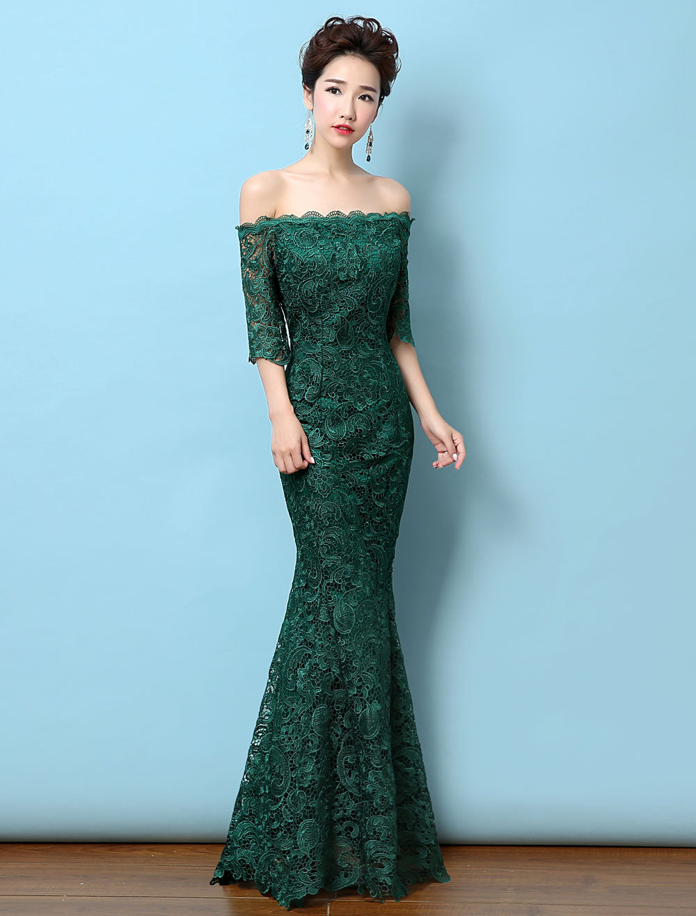 Stunning Lace Evening Dress Off The Shoulder Mermaid Party Dress Dark Green Half Sleeve Maxi Occasion Dress wedding guest dress-showprettydress