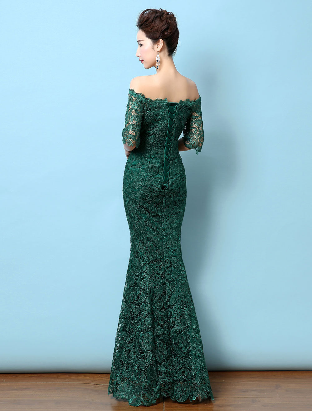 Stunning Lace Evening Dress Off The Shoulder Mermaid Party Dress Dark Green Half Sleeve Maxi Occasion Dress wedding guest dress-showprettydress