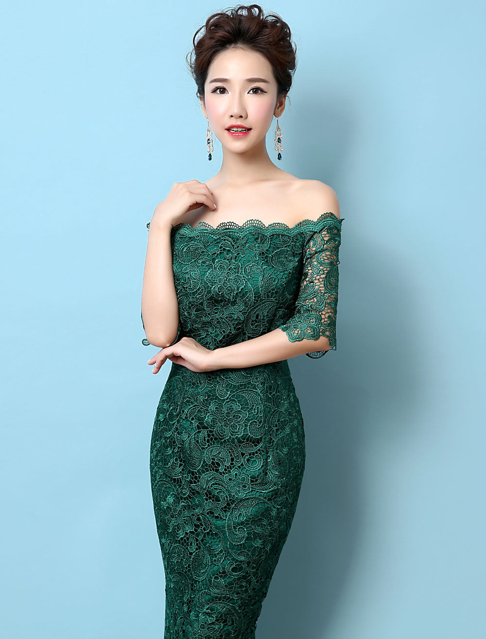 Stunning Lace Evening Dress Off The Shoulder Mermaid Party Dress Dark Green Half Sleeve Maxi Occasion Dress wedding guest dress-showprettydress