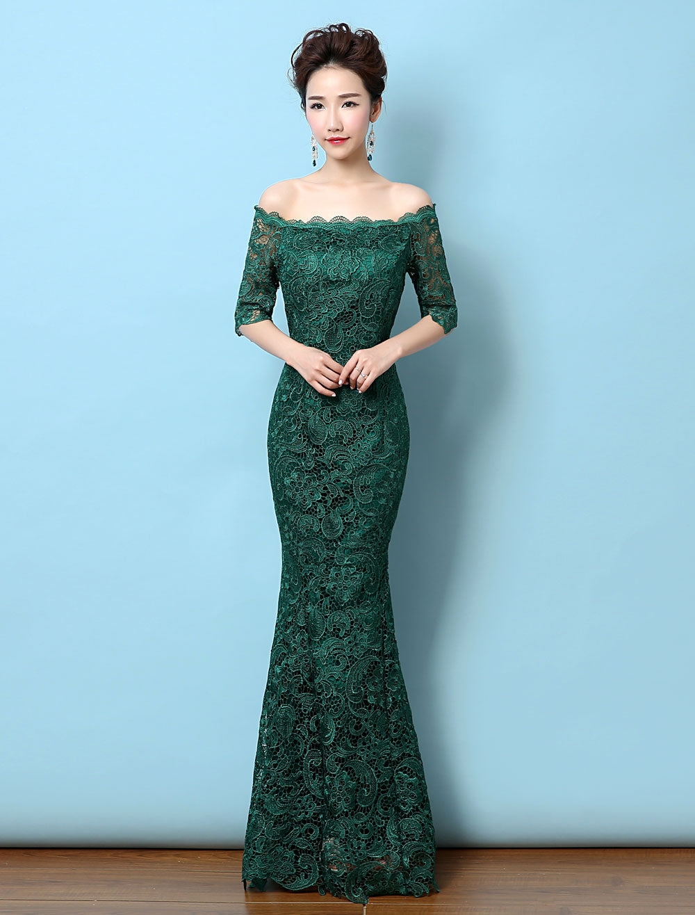 Stunning Lace Evening Dress Off The Shoulder Mermaid Party Dress Dark Green Half Sleeve Maxi Occasion Dress wedding guest dress-showprettydress