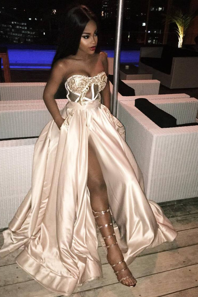 Stunning Long A-line Sweetheart Front Slit Prom Dress with Pockets-showprettydress