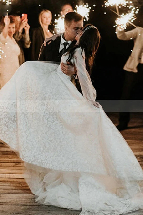 Stunning Long A-line Tulle Lace Wedding Dress with Sleeves-showprettydress