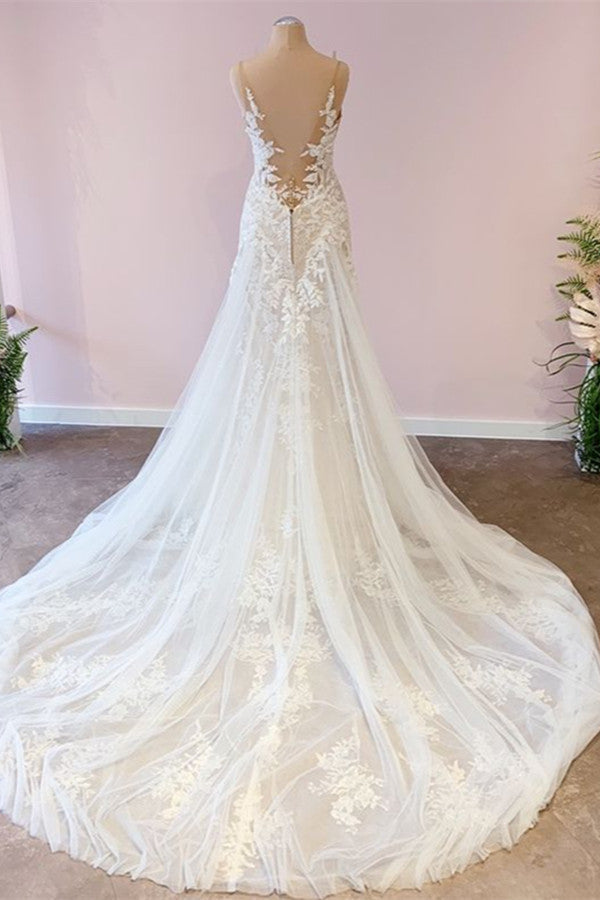Stunning Long A-Line Tulle Sweetheart Appliques Lace Wedding Dress-showprettydress