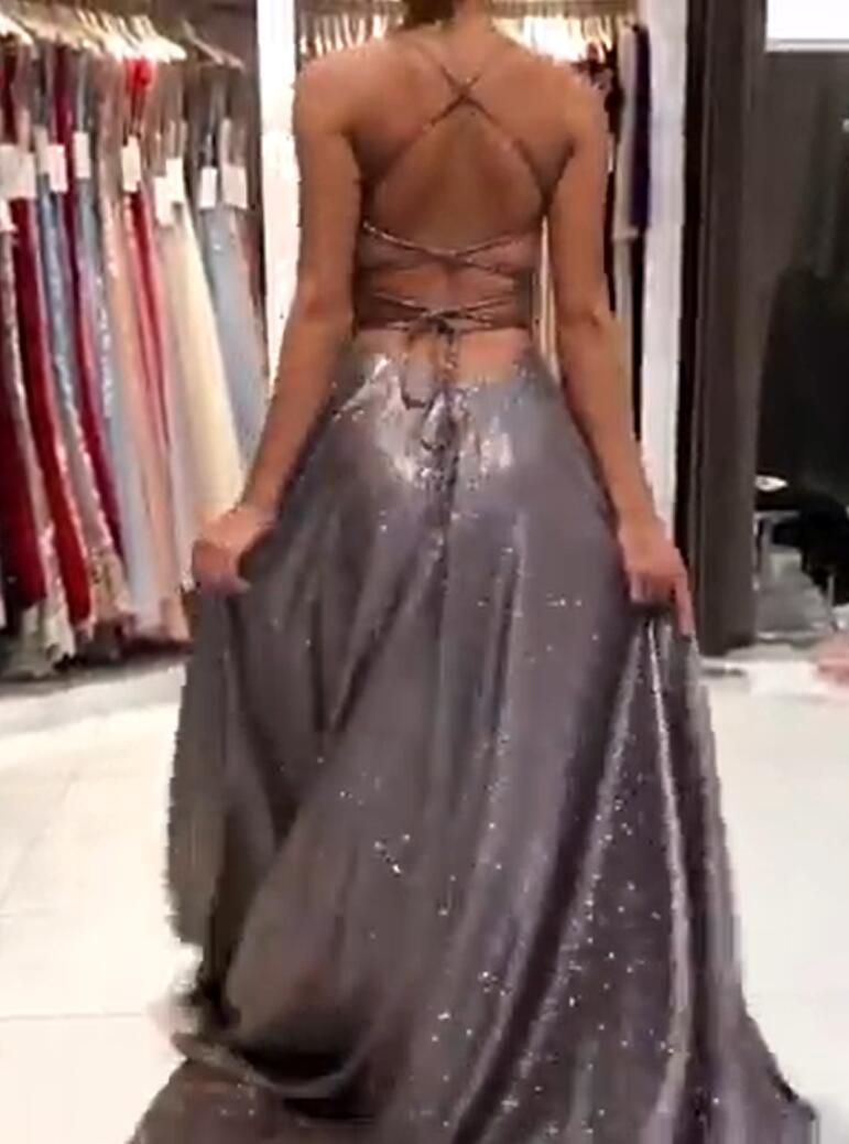 Stunning Long A-line V-Neck Backless Evening Prom Dress Online-showprettydress