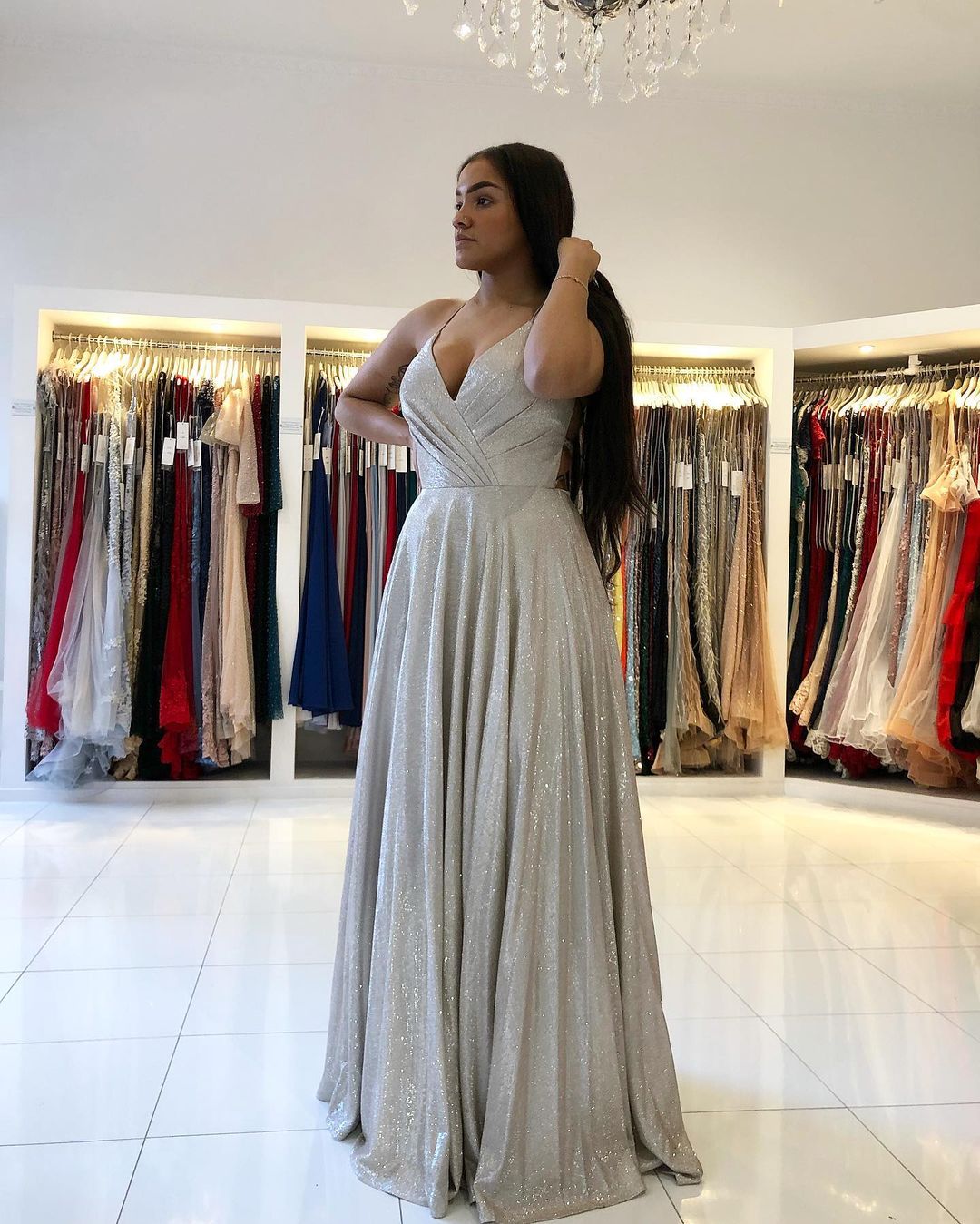 Stunning Long A-line V-Neck Backless Evening Prom Dress Online-showprettydress