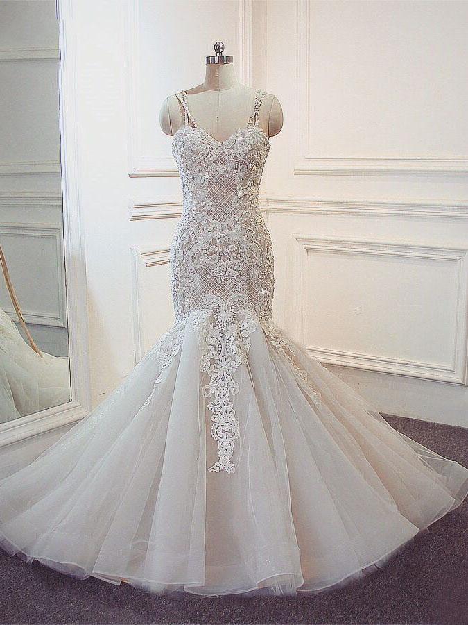 Stunning Long Mermaid Spaghetti Strap Lace Wedding Dresses-showprettydress