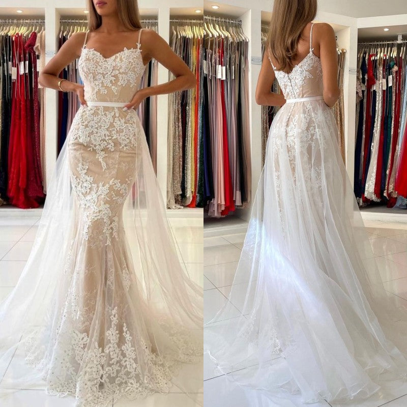 Stunning Long Mermaid Spaghetti Straps Tulle Prom Dress Lace Appliques-showprettydress