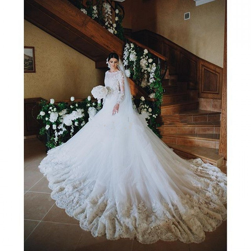 Stunning Royal Wedding Dresses Vintage Long Appliques Sleeved Arabic Bridal Gowns-showprettydress