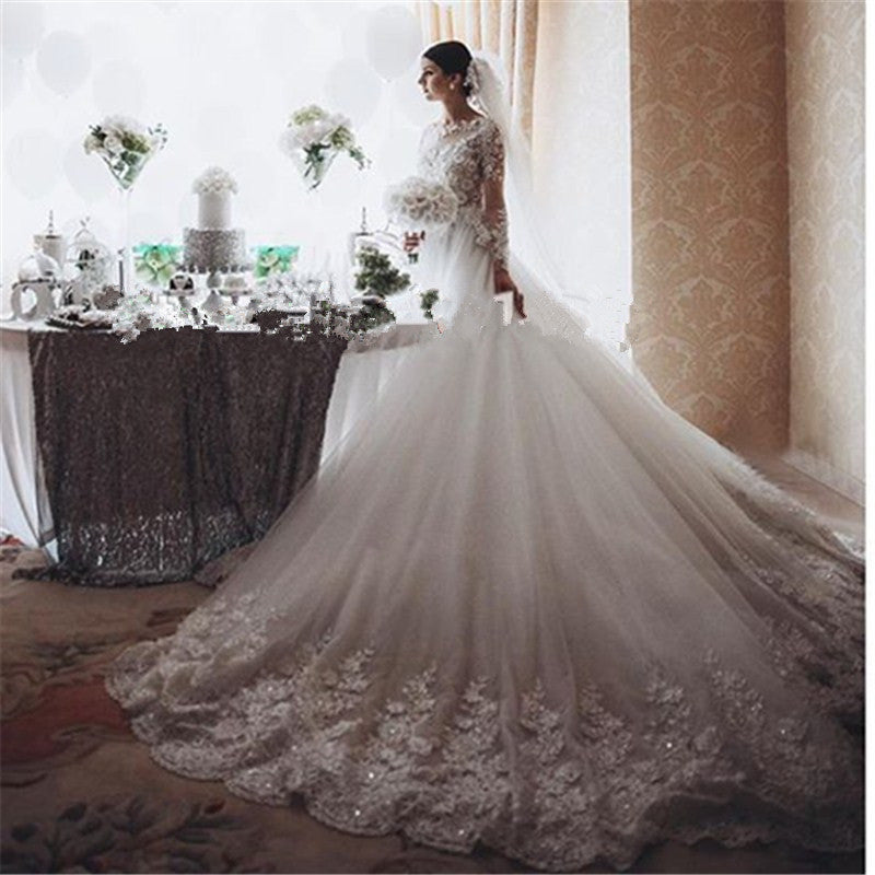 Stunning Royal Wedding Dresses Vintage Long Appliques Sleeved Arabic Bridal Gowns-showprettydress