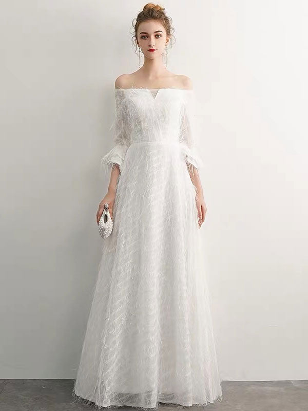 Stunning White Evening Dresses Long Off Shoulder Long Sleeve Maxi Formal Evening Gowns-showprettydress