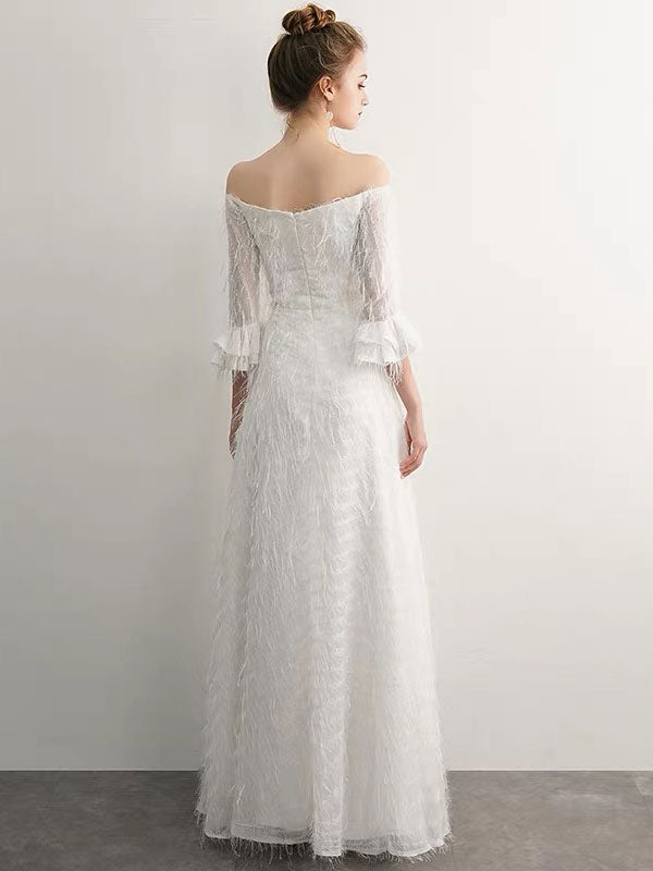 Stunning White Evening Dresses Long Off Shoulder Long Sleeve Maxi Formal Evening Gowns-showprettydress