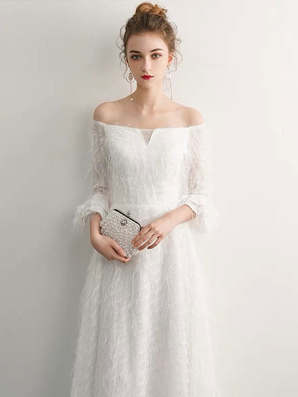 Stunning White Evening Dresses Long Off Shoulder Long Sleeve Maxi Formal Evening Gowns-showprettydress