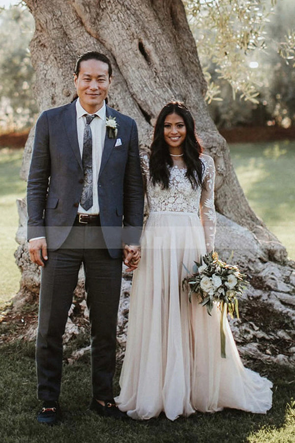 Stylish Long Sleevess Aline Wedding Dress Chiffon Bridal Gown Floor Length-showprettydress