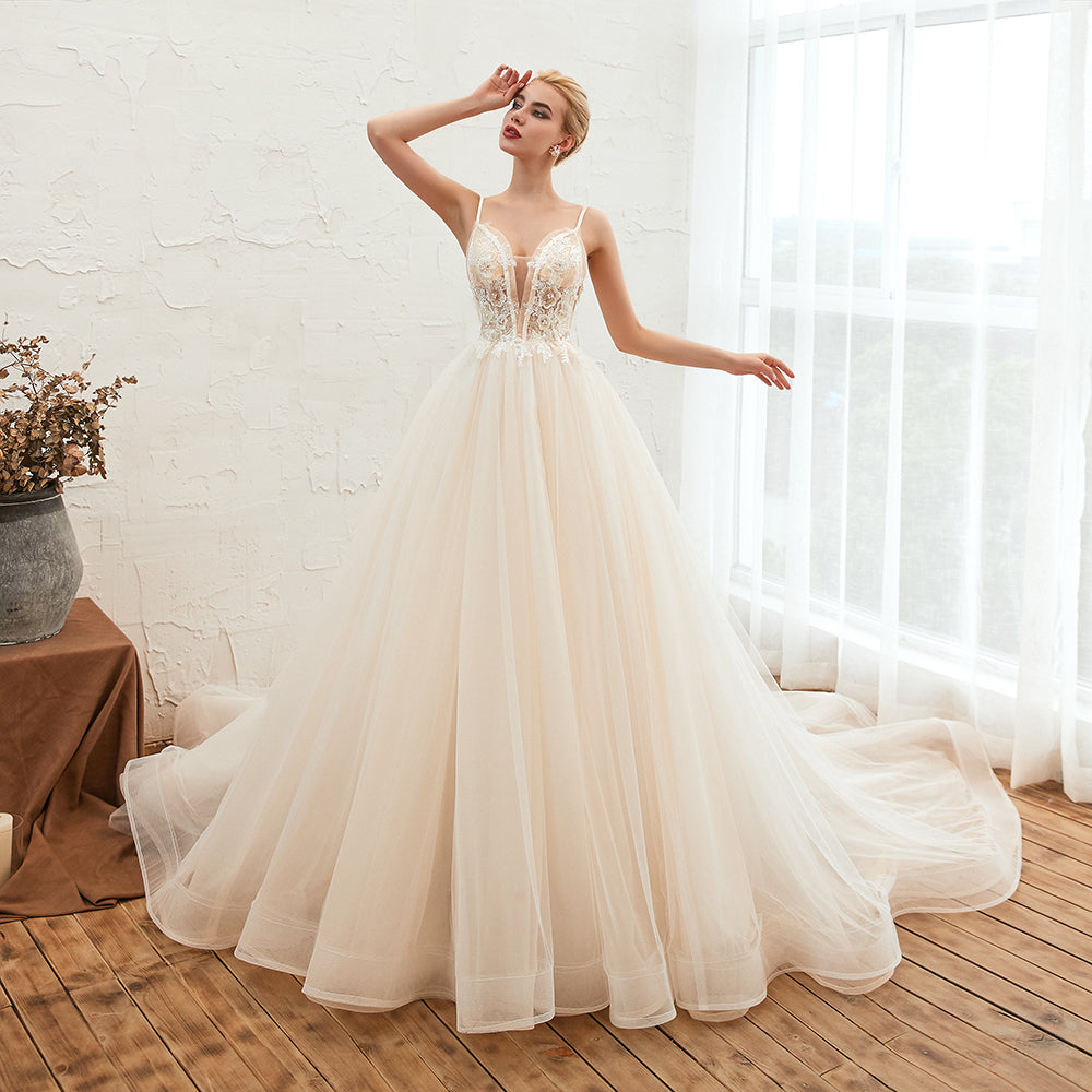 Summber Beach Spaghetti Straps Ivory Ball Gown Wedding Dress Online-showprettydress