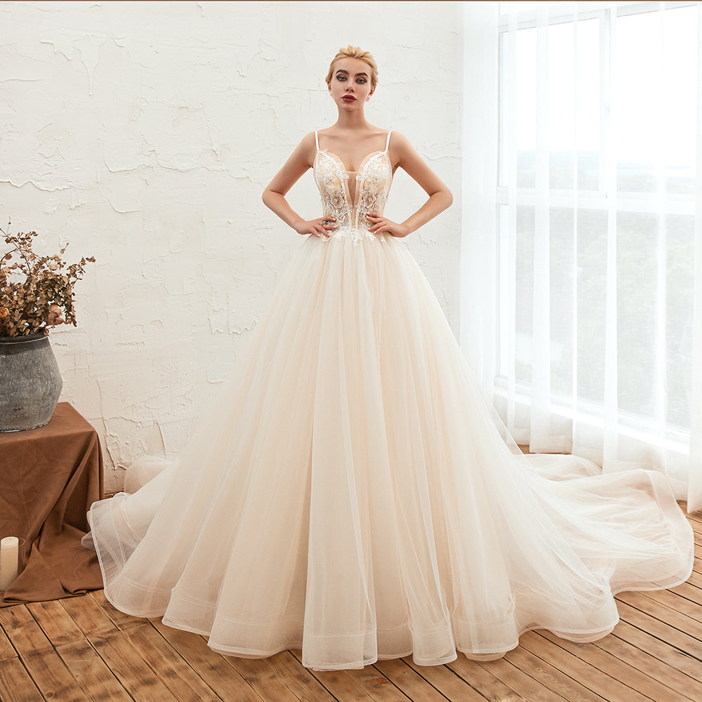 Summber Beach Spaghetti Straps Ivory Ball Gown Wedding Dress Online-showprettydress