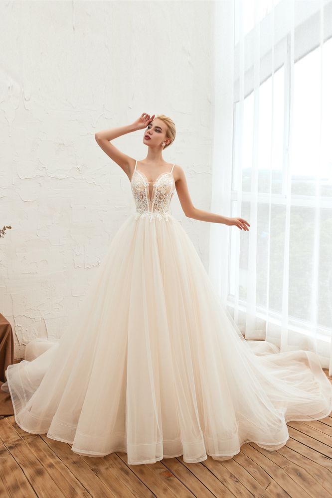 Summber Beach Spaghetti Straps Ivory Ball Gown Wedding Dress Online-showprettydress
