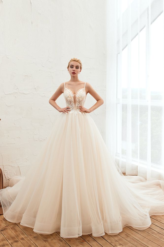 Summber Beach Spaghetti Straps Ivory Ball Gown Wedding Dress Online-showprettydress