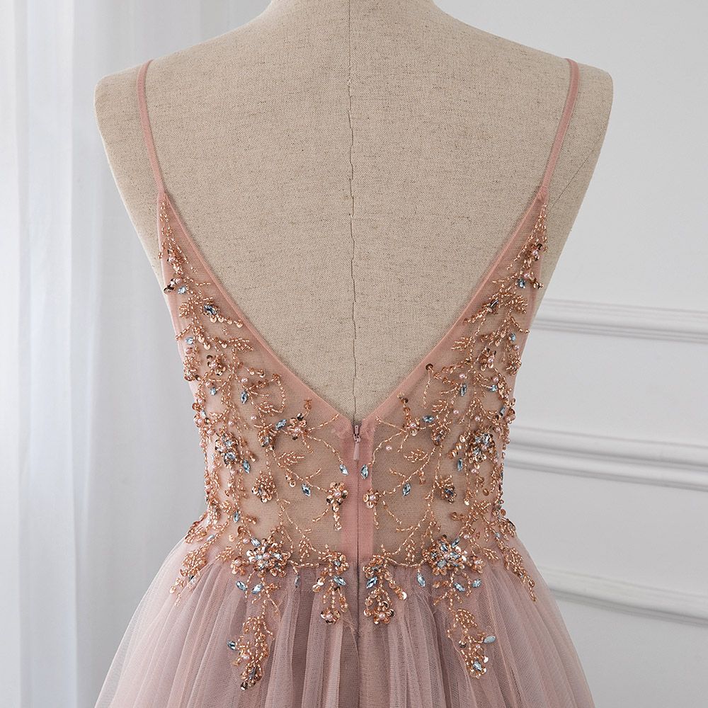 Sweetheart Crystal Prom Dresses Straps Spaghetti Tulle Evening Gown Split Side-showprettydress