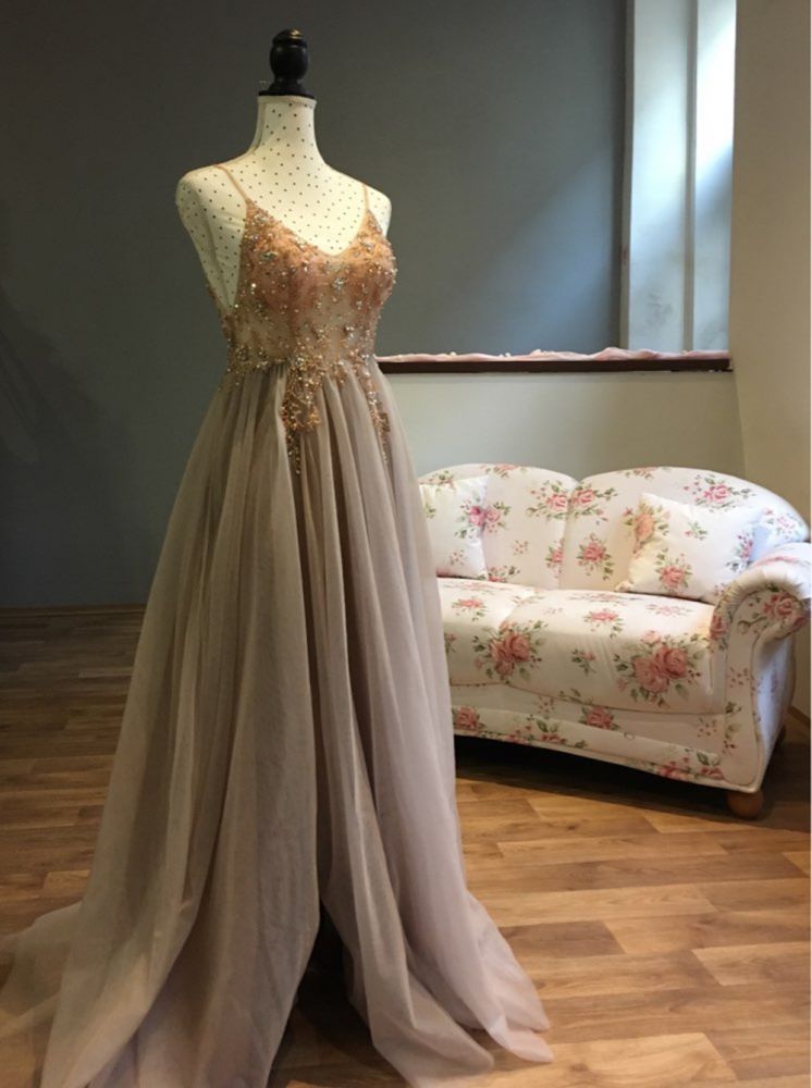 Sweetheart Crystal Prom Dresses Straps Spaghetti Tulle Evening Gown Split Side-showprettydress