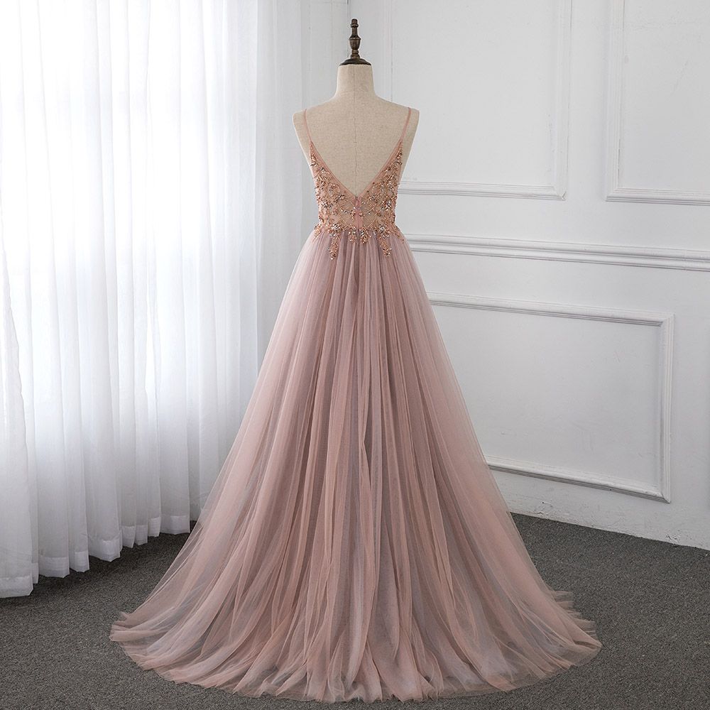 Sweetheart Crystal Prom Dresses Straps Spaghetti Tulle Evening Gown Split Side-showprettydress