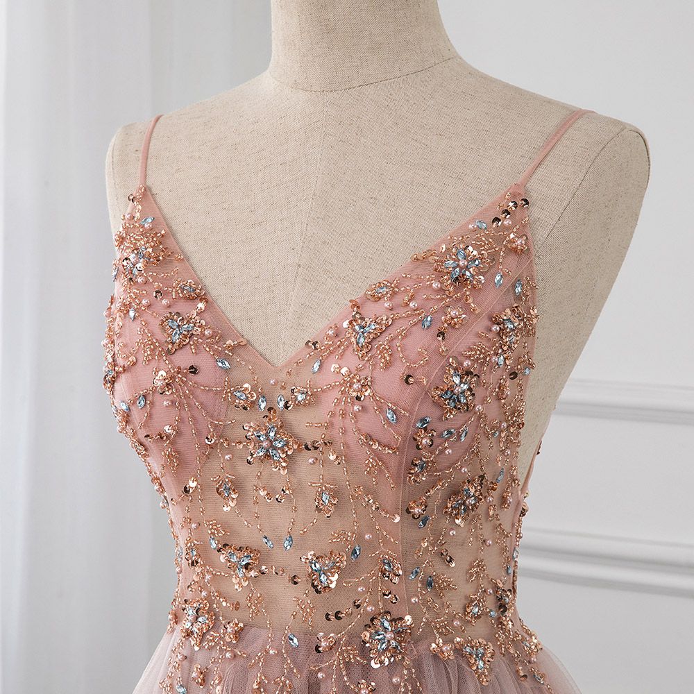 Sweetheart Crystal Prom Dresses Straps Spaghetti Tulle Evening Gown Split Side-showprettydress