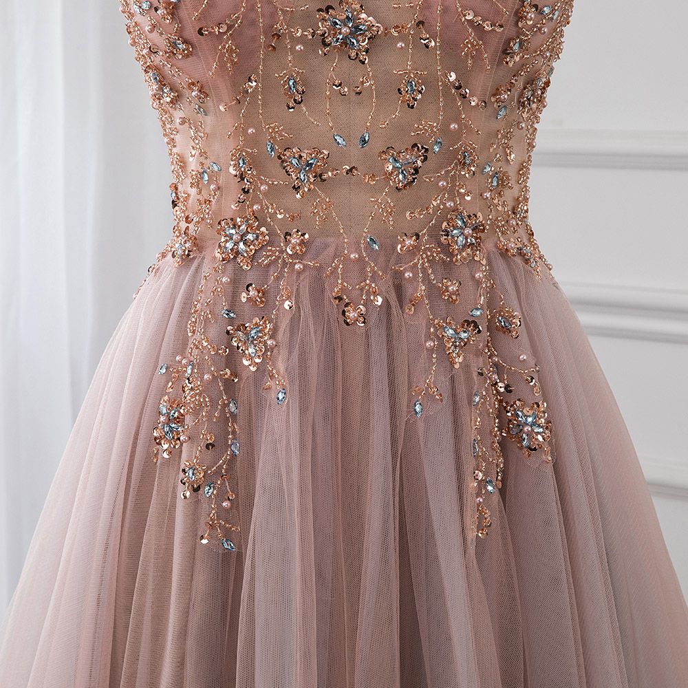 Sweetheart Crystal Prom Dresses Straps Spaghetti Tulle Evening Gown Split Side-showprettydress