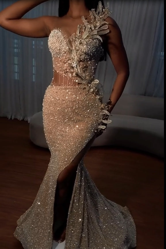 Sweetheart Flower Sequins Backless Sleeveless Mermaid Prom Dress-showprettydress