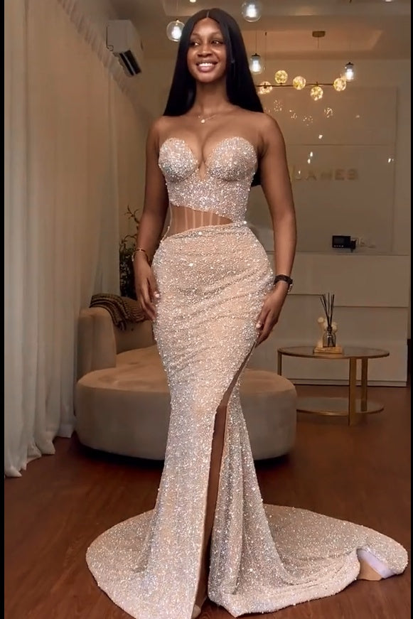 Sweetheart Sequins Backless Sleeveless Mermaid Prom Dress-showprettydress