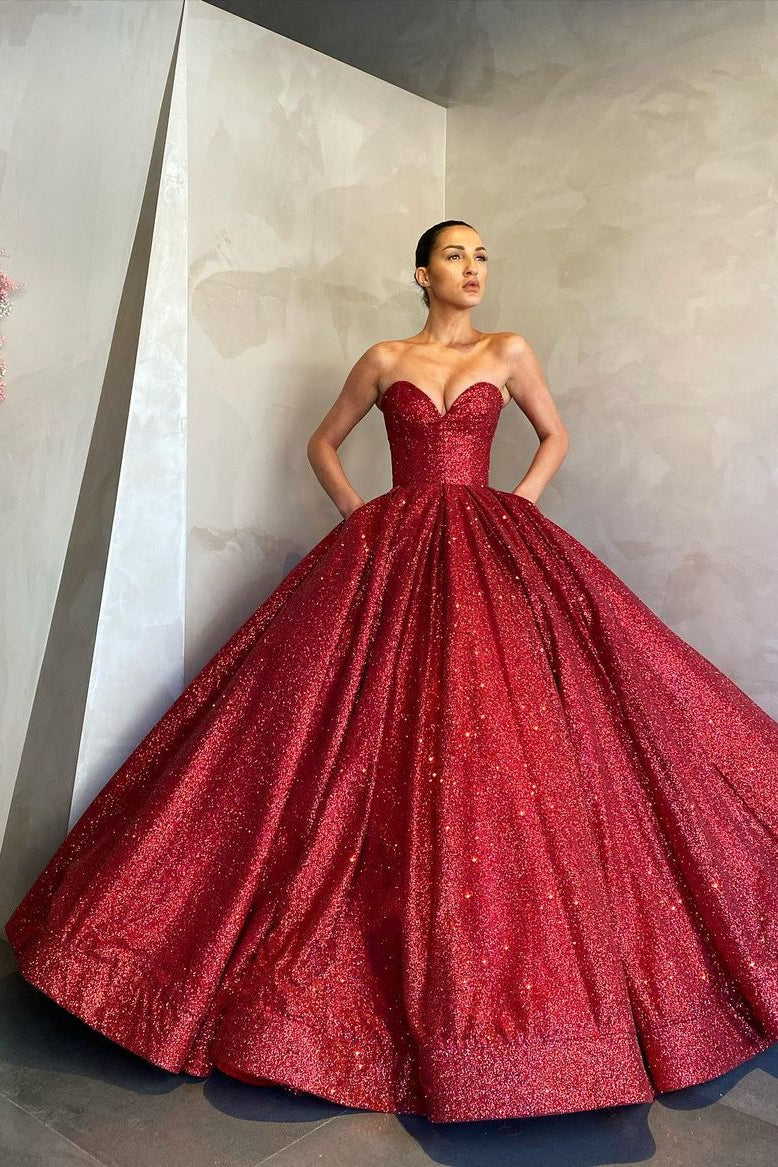 Sweetheart Sexy Ball Gown Prom Dress Sequins Red Long-showprettydress