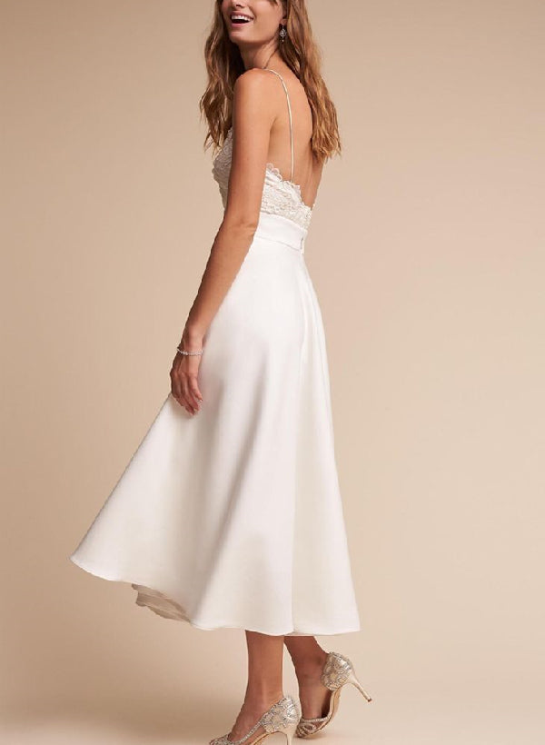 Tea-Length Lace Short Reception Wedding Dresses-Showprettydress