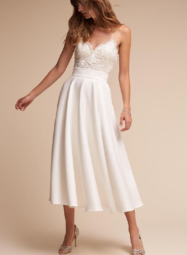 Tea-Length Lace Short Reception Wedding Dresses-Showprettydress