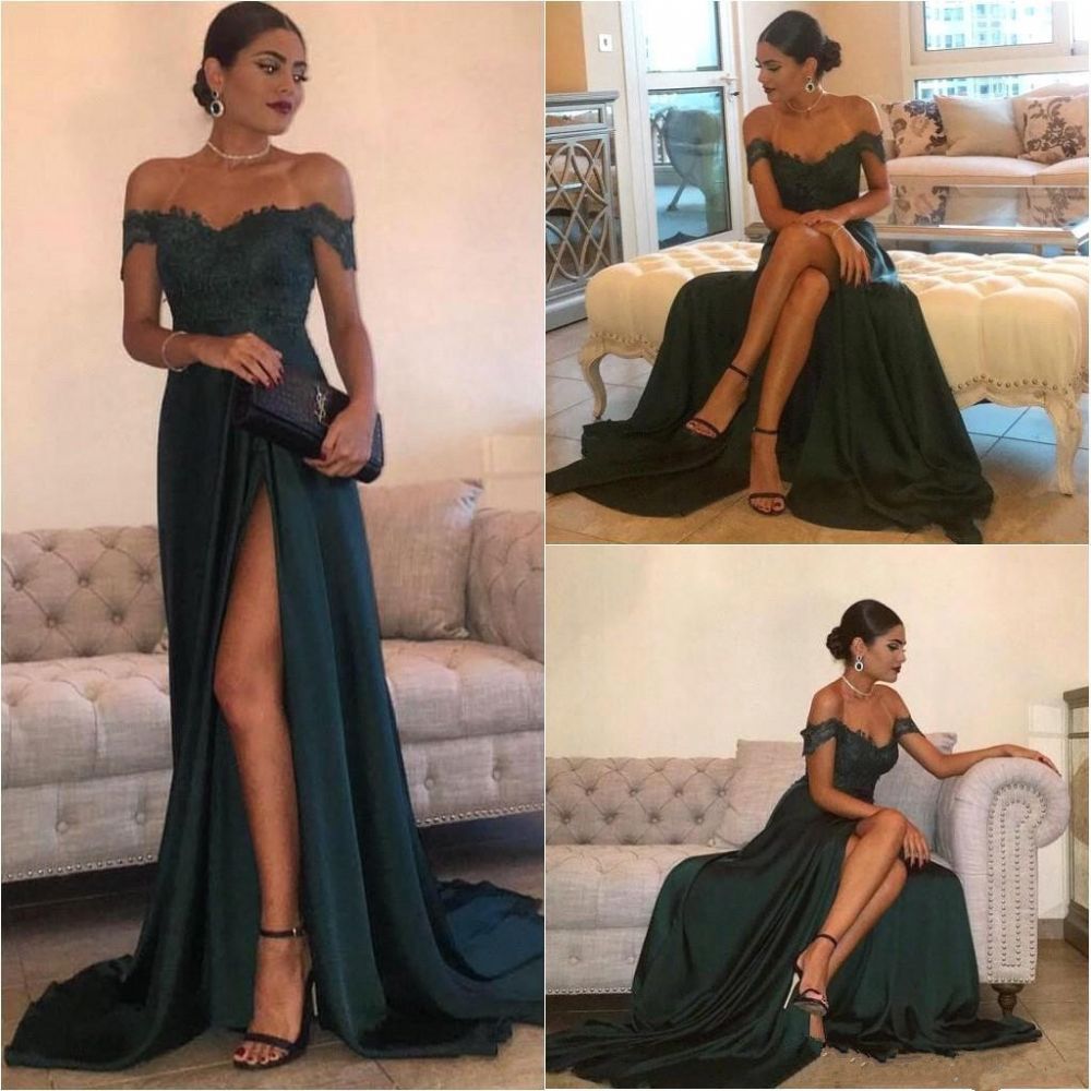 THERESA A-line Floor Length Split Off-the-Shoulder Lace Prom Dresses-showprettydress