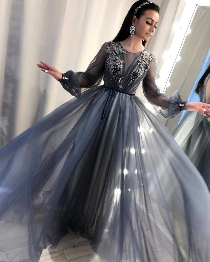 Trendy A-Line Tulle Evening Dresses Long Sleevess Applqiues Affordable Prom Dresses-showprettydress