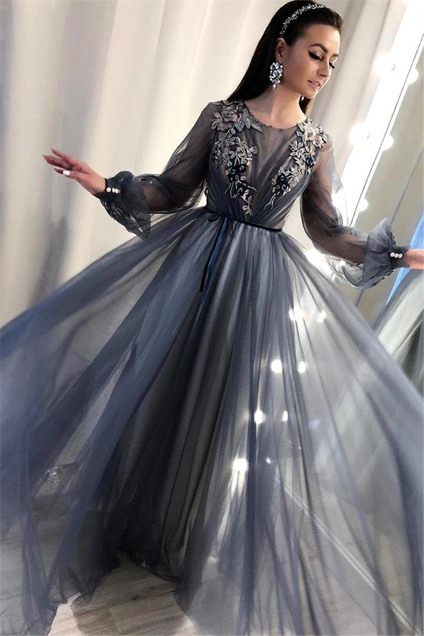 Trendy A-Line Tulle Evening Dresses Long Sleevess Applqiues Affordable Prom Dresses-showprettydress