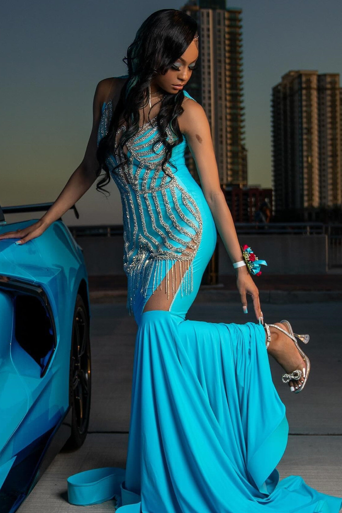 Trendy Blue Mermaid Sleeveless Crystal Sexy Prom Dress-showprettydress