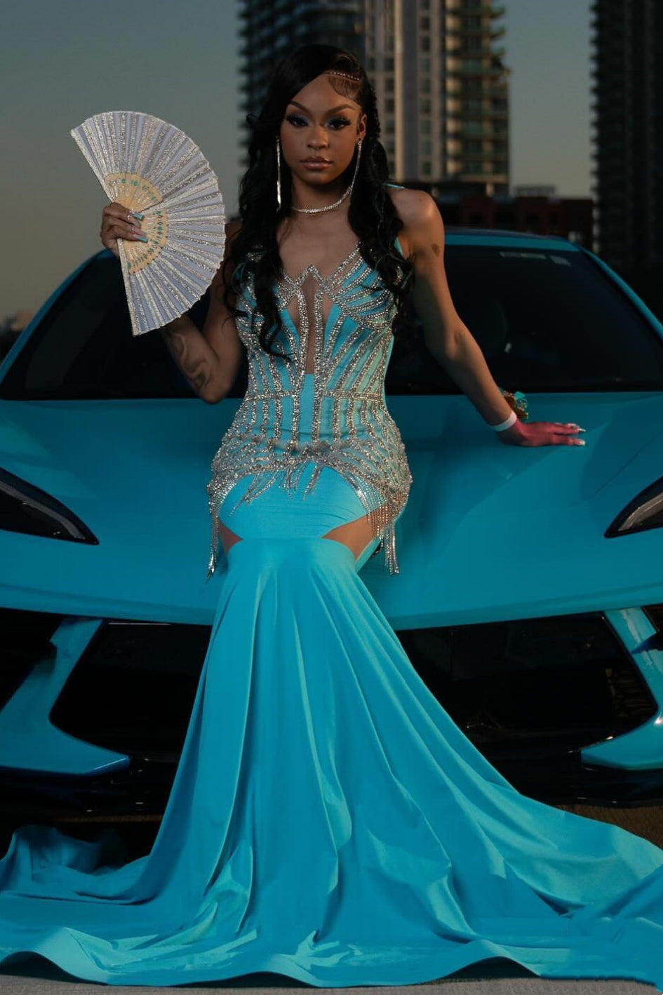 Trendy Blue Mermaid Sleeveless Crystal Sexy Prom Dress-showprettydress