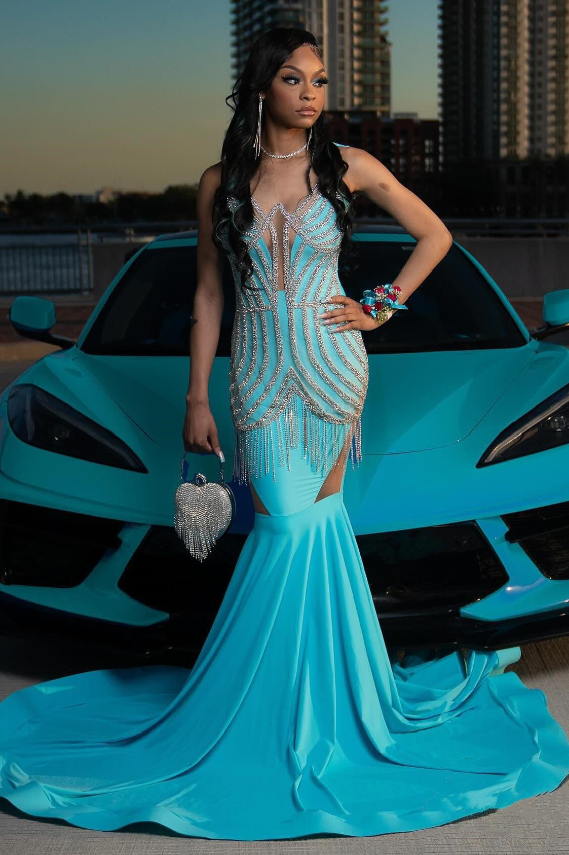 Trendy Blue Mermaid Sleeveless Crystal Sexy Prom Dress-showprettydress