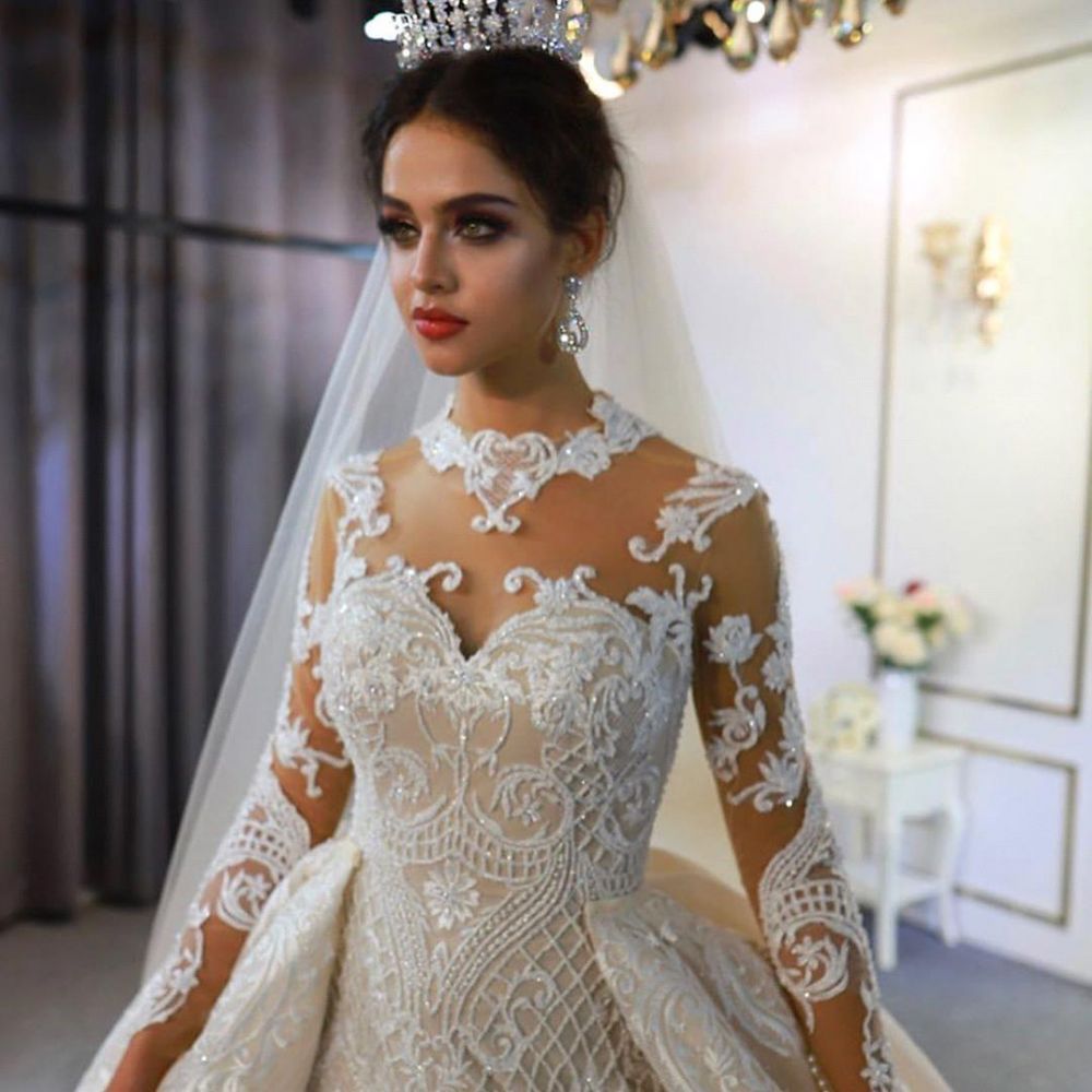 Trendy High neck Mermaid Lace Ivory Wedding Dress with Overskirt-showprettydress