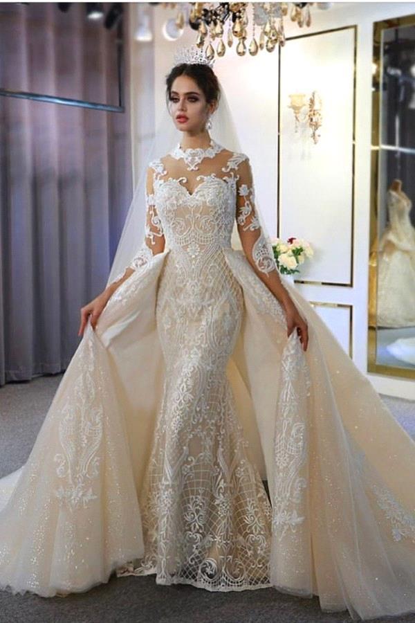 Trendy High neck Mermaid Lace Ivory Wedding Dress with Overskirt Trendy High neck Mermaid Lace Ivory Wedding Dress with Overskirt